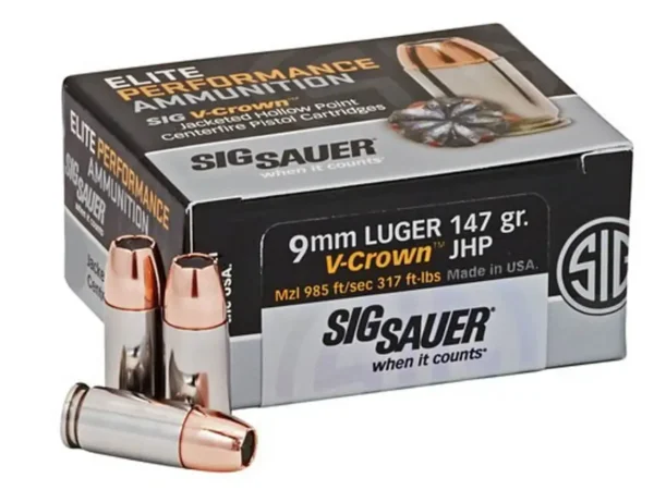 Sig Ammo Elite Match 9mm 147gr, JHP, V-Crown Comp, 200rd