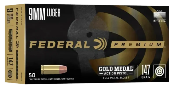 Federal Gold Medal 9mm, 147gr, Full Metal Jacket, 50rd Box