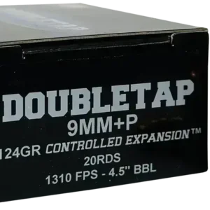DoubleTap 9mm +P, 124gr, Jacketed Hollow Point, 20rd Box