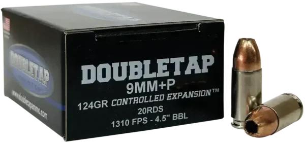 DoubleTap 9mm +P, 124gr, Jacketed Hollow Point, 20rd Box