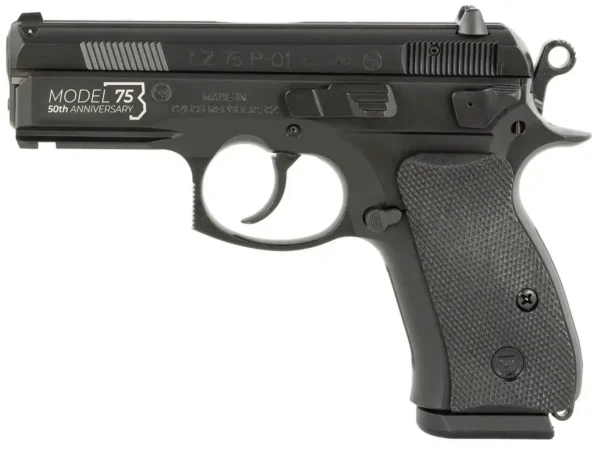 CZ P-01 50th Anniversary 9mm 10rd, 3.75" Black Steel Barrel, Black Steel Serrated Slide, Black Beavertail, Black Rubber Grip